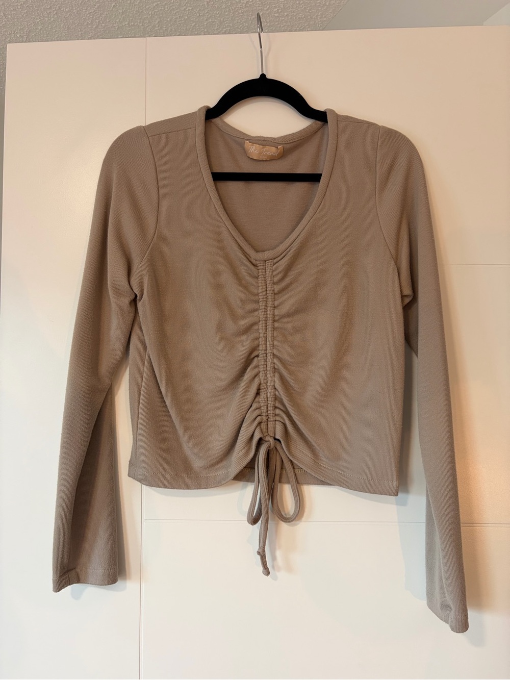 Ruched V-Neck Long Sleeve Top in Taupe